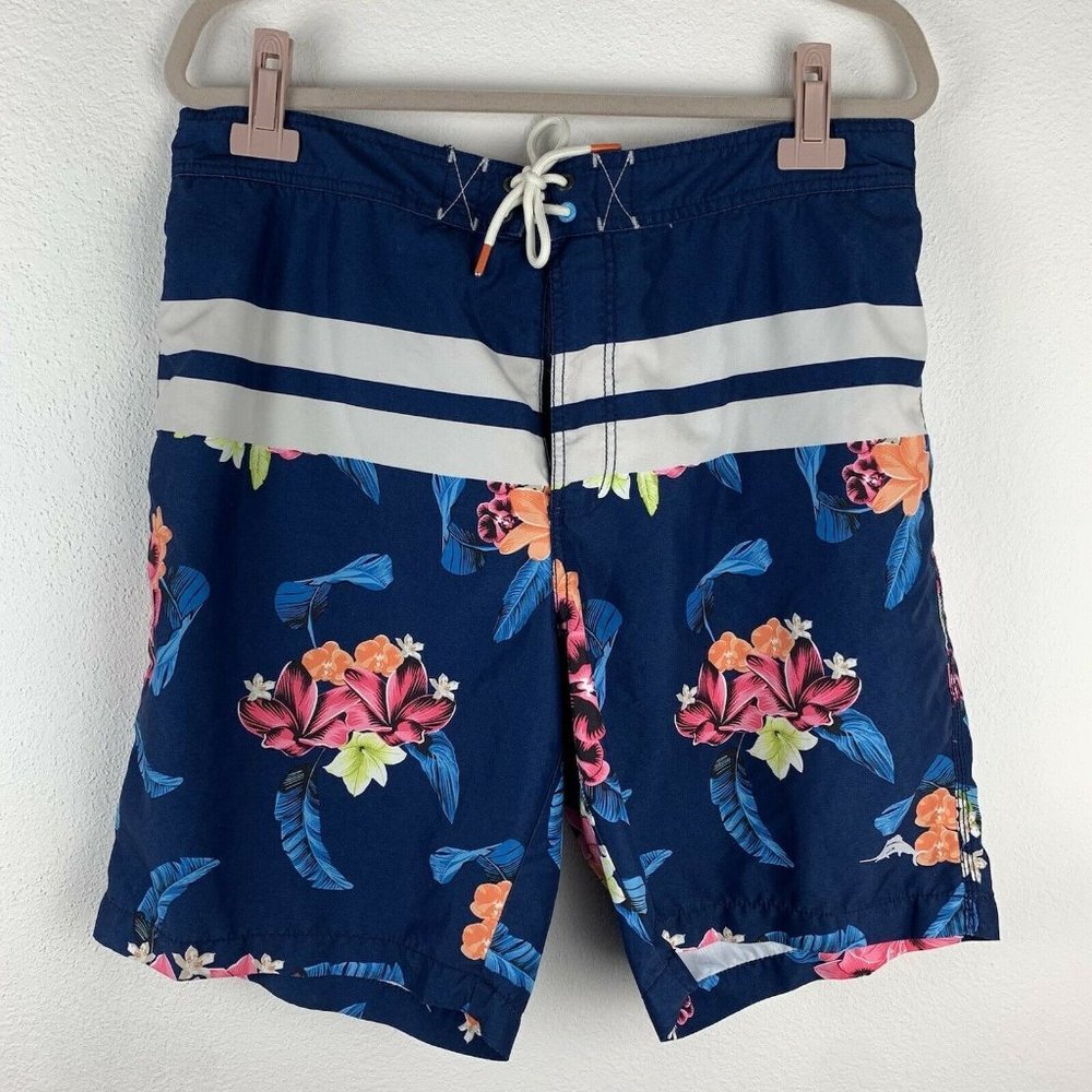 Tommy Bahama Men's L Blue White Floral Print Cargo Swim Trunks Board Shorts